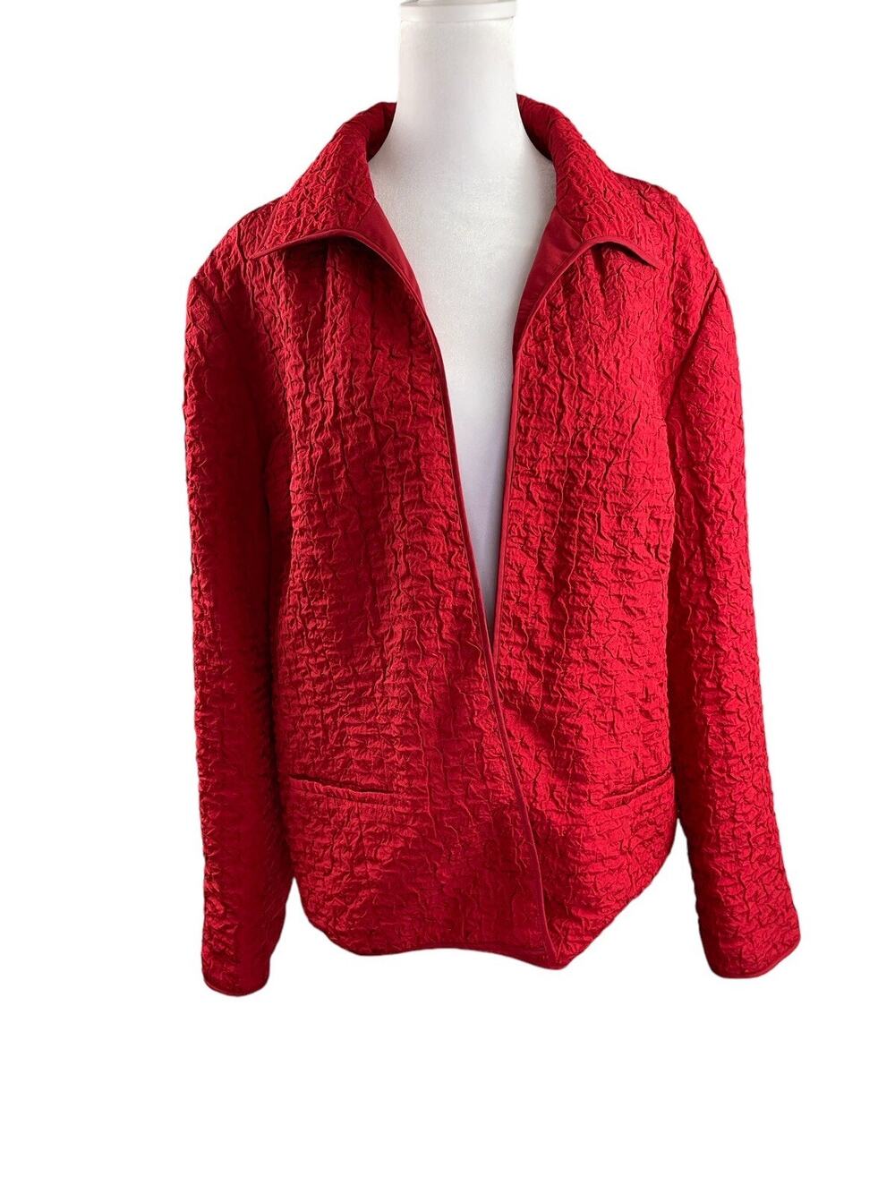 Chico's 3 (US XL 16) Red Jacket Long Sleeve Open Front Pockets Textured Lined